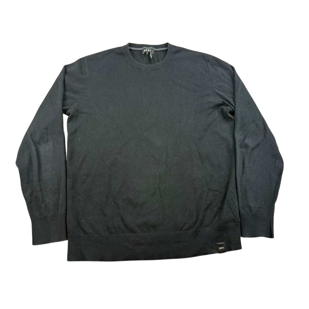 DKNY Sweater Men L Black 100% Cotton Crew Neck Pullover Knit Ribbed‎ Trim Casual
